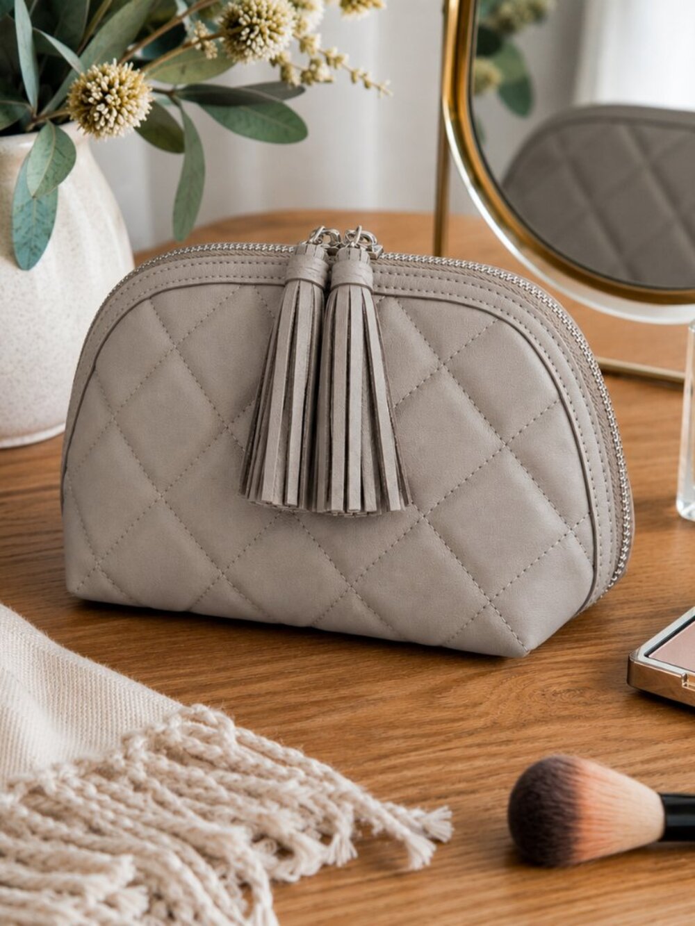Light Grey Quilted Vegan Leather Toiletry Bag